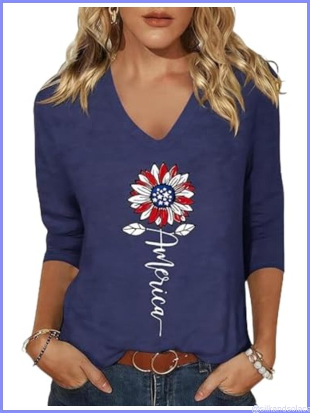 Womens Patriotic V Neck 3/4 Sleeve T-Shirt Star Stripes Summer Casual Tee
